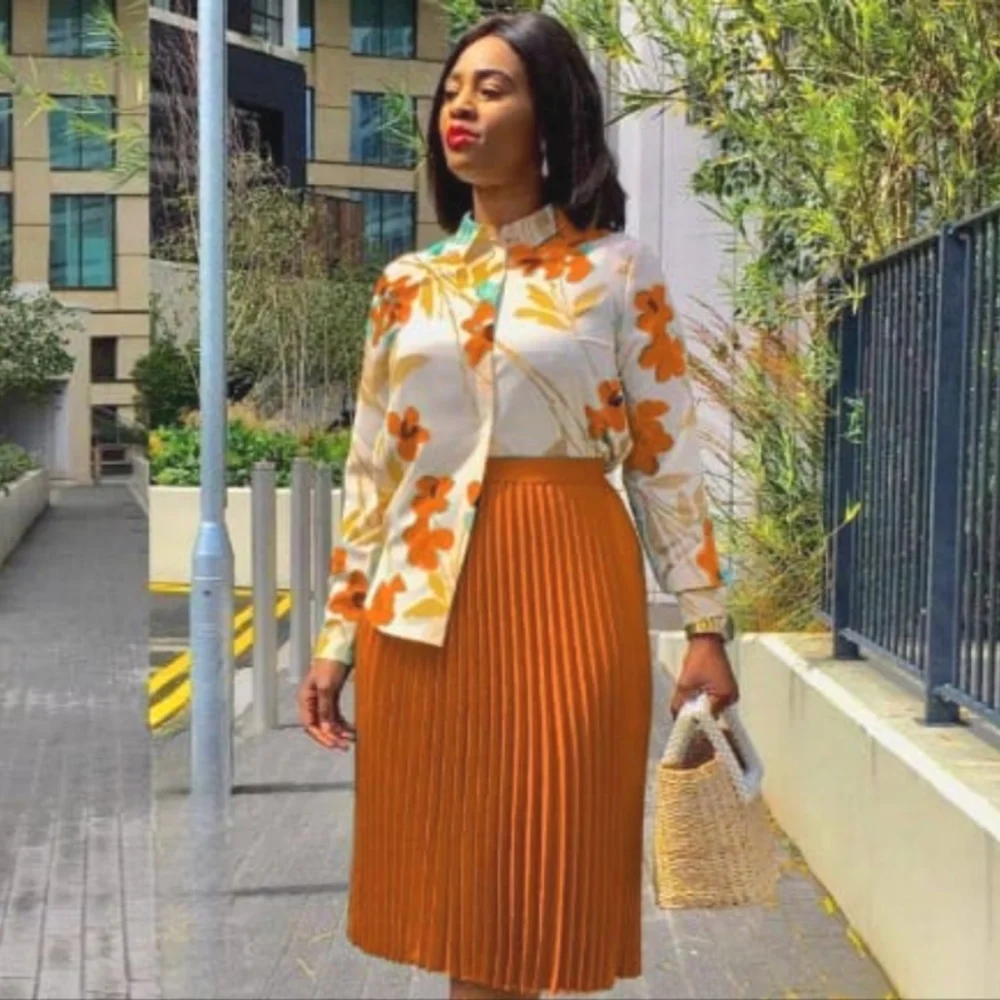 NWT Orange Multicolor Print Top with Orange Pleated Skirt Set